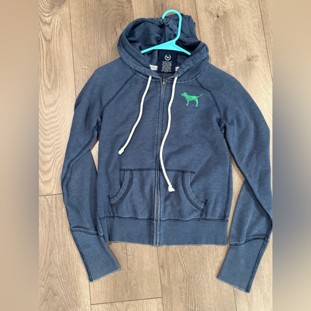 Victorias Secret PINK blue Full Zip Hoodie W/Green dog &heart on back size small